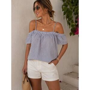 Saks Fifth Avenue Blue White Stripe Off Shoulder Cold Shoulder Blouse, S
